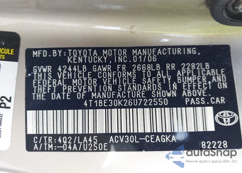 2006 Toyota Camry Xle z USA, uszkodzony, nr VIN 4T1BE30K26U722550